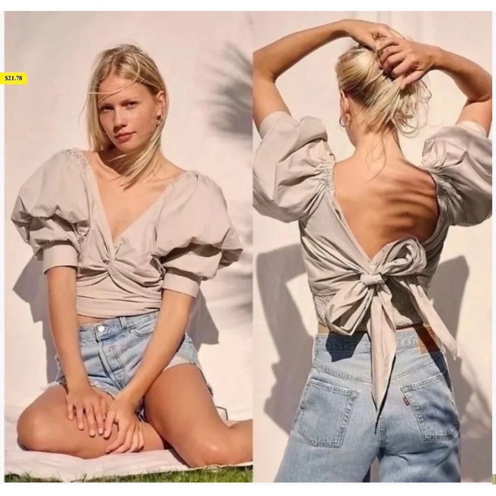 Mare Mare Diola Top Cotton Poplin Crop XS Puff Sleeve Neutral Anthro Free People